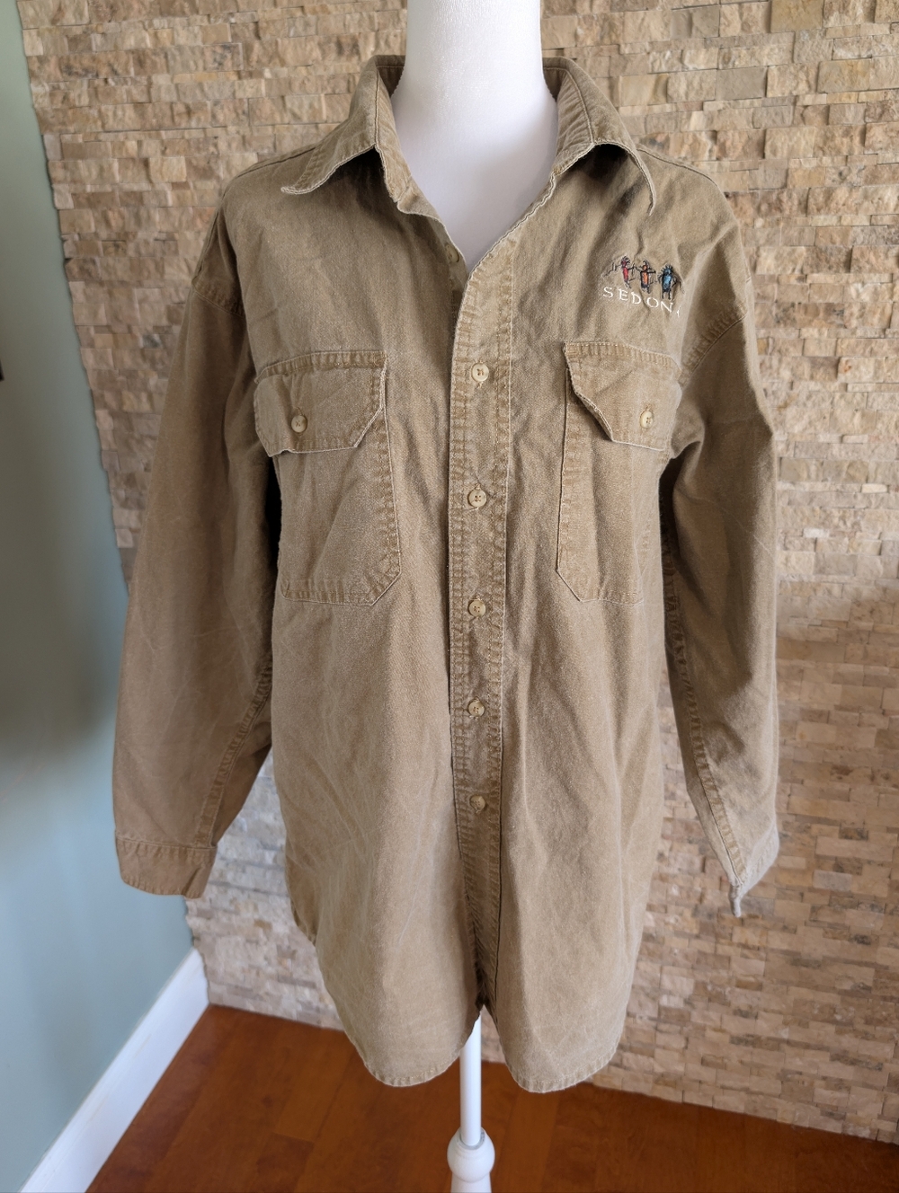 Vintage 90s Sedona Arizona Souvenir Embroidered Khaki 100% Cotton Shirt Men's S